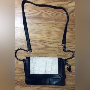 Big Buddha Crossbody Bag Black & White Faux Leather & Fur w Gold Hardware